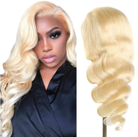 Natural blonde body wave wig with soft curls and full volume
