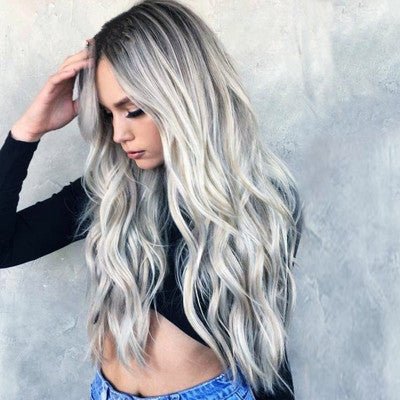 Grey ombre long curly wig black to grey gradient heat resistant synthetic Bellezza Boutique
