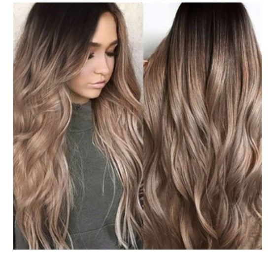 Long ombre wig with soft curls, realistic scalp, and gradient color design